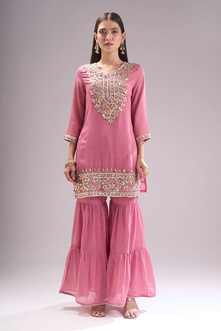 Samyukta Singhania Purple Chanderi Gota Patti, Lace Notched Neck Leaf Motif Kurta Sharara Set Online at Aza Fashions Samyukta Singhania_Purple Chanderi Gota Patti, Lace Notched Neck Leaf Motif Kurta Sharara Set _Online_at_Aza_Fashions