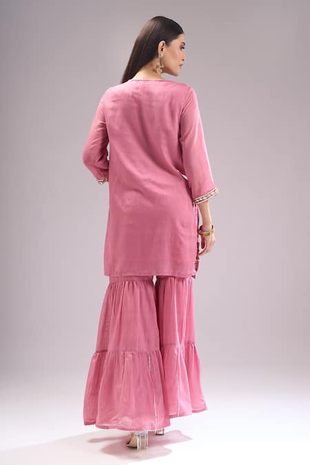 Shop Samyukta Singhania Purple Chanderi Gota Patti, Lace Notched Neck Leaf Motif Kurta Sharara Set at Aza Fashions Shop_Samyukta Singhania_Purple Chanderi Gota Patti, Lace Notched Neck Leaf Motif Kurta Sharara Set _at_Aza_Fashions