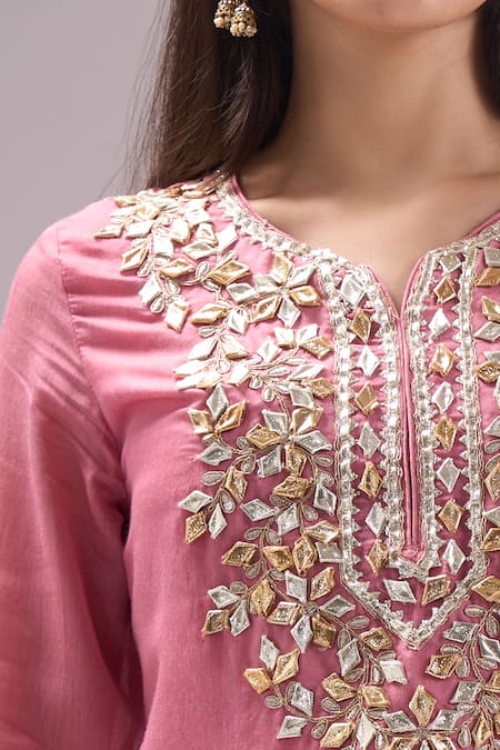 Shop Samyukta Singhania Purple Chanderi Gota Patti, Lace Notched Neck Leaf Motif Kurta Sharara Set Online at Aza Fashions Shop_Samyukta Singhania_Purple Chanderi Gota Patti, Lace Notched Neck Leaf Motif Kurta Sharara Set _Online_at_Aza_Fashions