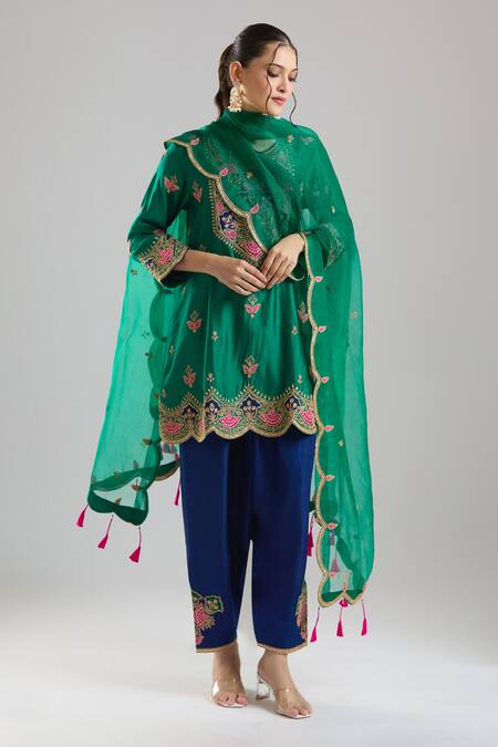 Shop Surbhi Shah Green Silk Embroidery, Zari, Piping, Gota Patti, Tassels Chameli Kurta Set Online at Aza Fashions Shop_Surbhi Shah_Green Silk Embroidery, Zari, Piping, Gota Patti, Tassels Chameli Kurta Set _Online_at_Aza_Fashions