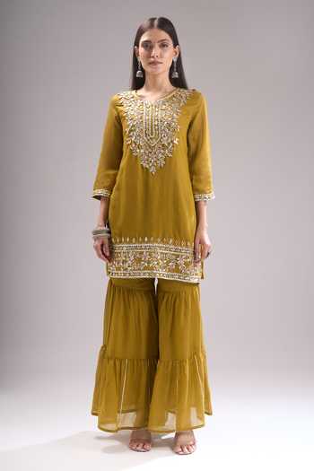 Samyukta Singhania Olive Green Chanderi Gota Patti, Lace Notched Neck Leaf Motif Kurta Sharara Set Online at Aza Fashions Samyukta Singhania_Olive Green Chanderi Gota Patti, Lace Notched Neck Leaf Motif Kurta Sharara Set _Online_at_Aza_Fashions