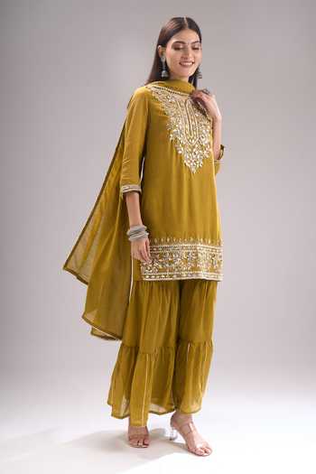 Buy Samyukta Singhania Olive Green Chanderi Gota Patti, Lace Notched Neck Leaf Motif Kurta Sharara Set Online at Aza Fashions Buy_Samyukta Singhania_Olive Green Chanderi Gota Patti, Lace Notched Neck Leaf Motif Kurta Sharara Set _Online_at_Aza_Fashions