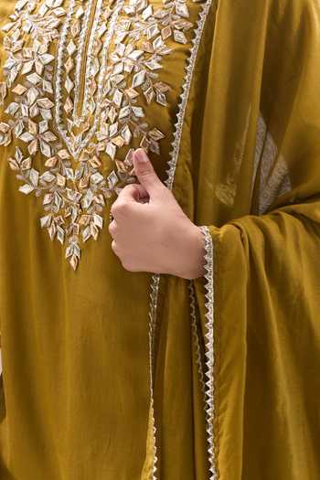 Samyukta Singhania Olive Green Chanderi Gota Patti, Lace Notched Neck Leaf Motif Kurta Sharara Set at Aza Fashions Samyukta Singhania_Olive Green Chanderi Gota Patti, Lace Notched Neck Leaf Motif Kurta Sharara Set _at_Aza_Fashions