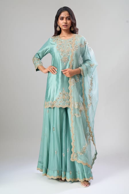 Surbhi Shah Sea Blue Organza Kurta Sharara Set 
