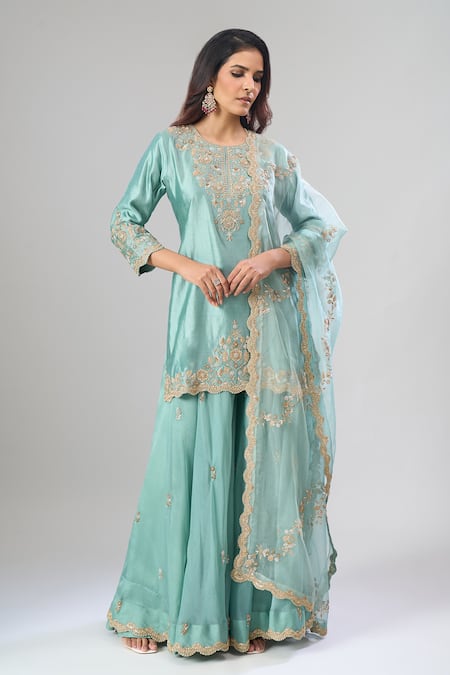 Buy_Surbhi Shah_Blue Organza Embroidery, Zari, Metallic Thread Round Sea Kurta Sharara Set 