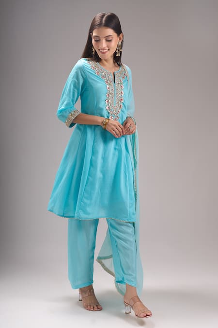 Samyukta Singhania Aqua Chanderi Silk, Shantoon, Chiffon Gota Patti, Embroidery, Lace Kurta Set Online at Aza Fashions Samyukta Singhania_Aqua Chanderi Silk, Shantoon, Chiffon Gota Patti, Embroidery, Lace Kurta Set _Online_at_Aza_Fashions