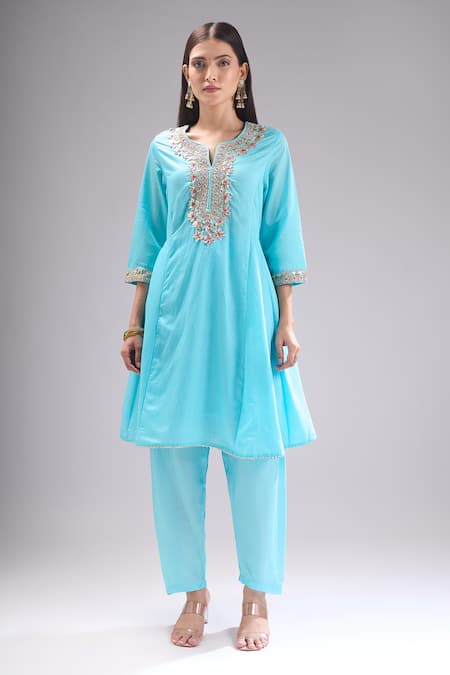 Shop Samyukta Singhania Aqua Chanderi Silk, Shantoon, Chiffon Gota Patti, Embroidery, Lace Kurta Set Online at Aza Fashions Shop_Samyukta Singhania_Aqua Chanderi Silk, Shantoon, Chiffon Gota Patti, Embroidery, Lace Kurta Set _Online_at_Aza_Fashions