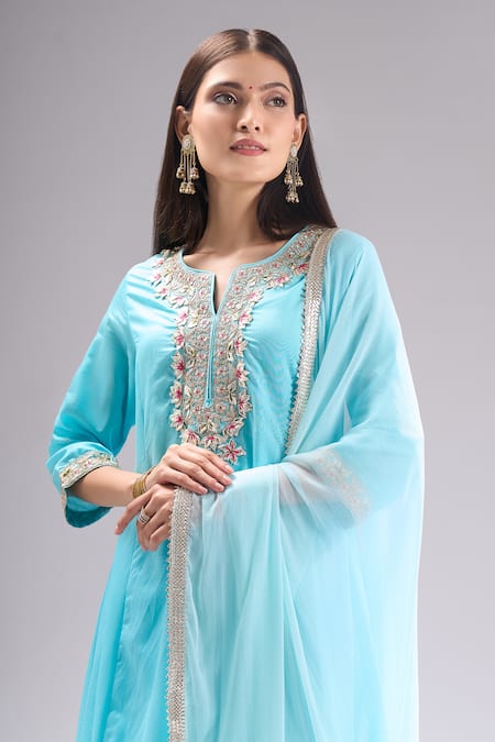 Samyukta Singhania Aqua Chanderi Silk, Shantoon, Chiffon Gota Patti, Embroidery, Lace Kurta Set at Aza Fashions Samyukta Singhania_Aqua Chanderi Silk, Shantoon, Chiffon Gota Patti, Embroidery, Lace Kurta Set _at_Aza_Fashions