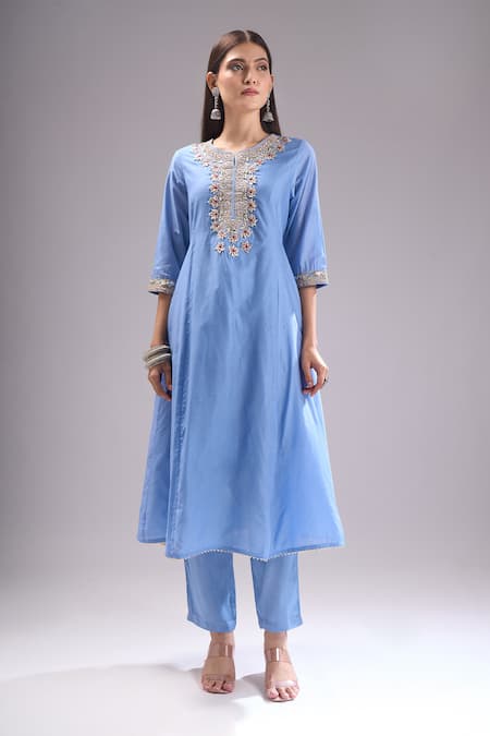 Buy_Samyukta Singhania_Sky Blue Chanderi Silk, Shantoon, Chiffon Gota Patti, Lace, Anarkali Suit Set _Online_at_Aza_Fashions