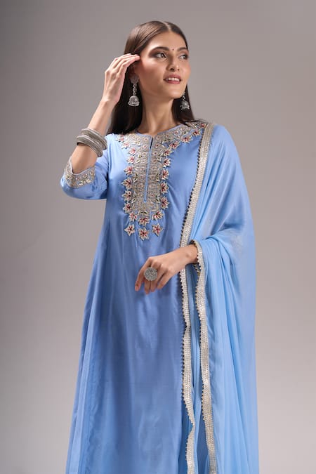 Shop_Samyukta Singhania_Sky Blue Chanderi Silk, Shantoon, Chiffon Gota Patti, Lace, Anarkali Suit Set _Online_at_Aza_Fashions
