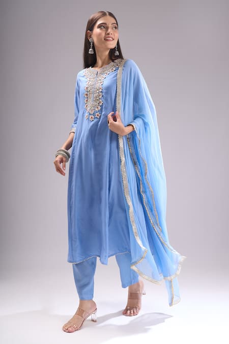 Samyukta Singhania_Sky Blue Chanderi Silk, Shantoon, Chiffon Gota Patti, Lace, Anarkali Suit Set _at_Aza_Fashions