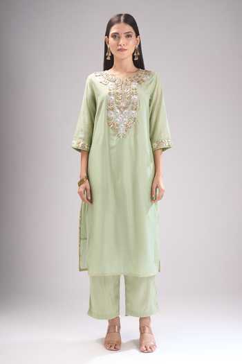 Shop_Samyukta Singhania_Green Chanderi Silk, Shantoon, Chiffon Gota Patti, Embroidery, Kurta Pant Set _Online_at_Aza_Fashions