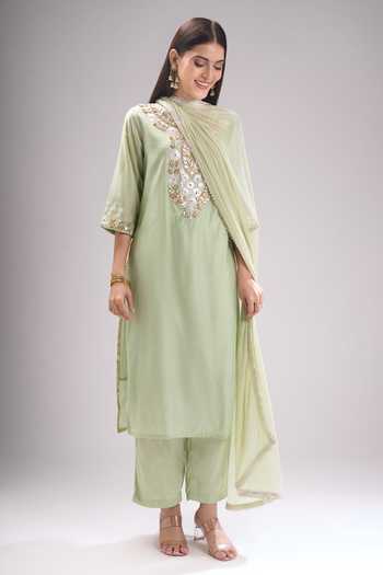 Samyukta Singhania_Green Chanderi Silk, Shantoon, Chiffon Gota Patti, Embroidery, Kurta Pant Set _at_Aza_Fashions