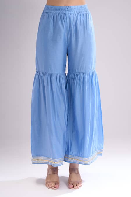 Shop Samyukta Singhania Blue Chanderi Silk, Chiffon Gota Patti, Lace, Embroidery Kurta Sharara Set Online at Aza Fashions Shop_Samyukta Singhania_Blue Chanderi Silk, Chiffon Gota Patti, Lace, Embroidery Kurta Sharara Set _Online_at_Aza_Fashions