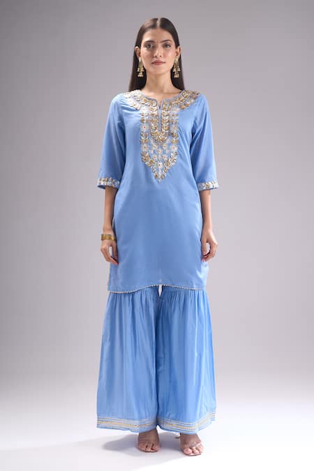 Samyukta Singhania Blue Chanderi Silk, Chiffon Gota Patti, Lace, Embroidery Kurta Sharara Set at Aza Fashions Samyukta Singhania_Blue Chanderi Silk, Chiffon Gota Patti, Lace, Embroidery Kurta Sharara Set _at_Aza_Fashions