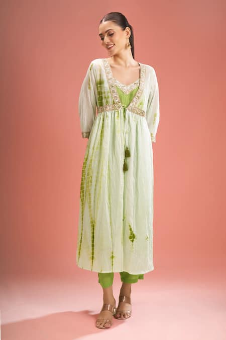 Samyukta Singhania Green Chanderi Silk, Shantoon Embroidery, Gota Patti, Shibori Shrug And Pant Set Online at Aza Fashions Samyukta Singhania_Green Chanderi Silk, Shantoon Embroidery, Gota Patti, Shibori Shrug And Pant Set _Online_at_Aza_Fashions