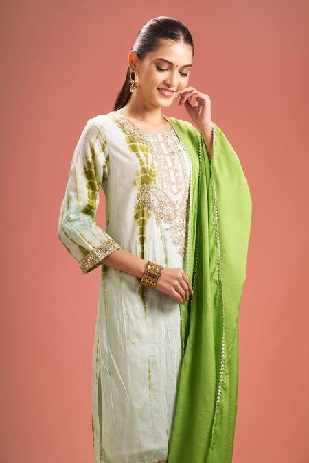 Shop Samyukta Singhania Green Silk, Shantoon, Gota Patti, Lace, Shibori Kurta Set Online at Aza Fashions Shop_Samyukta Singhania_Green Silk, Shantoon, Gota Patti, Lace, Shibori Kurta Set _Online_at_Aza_Fashions