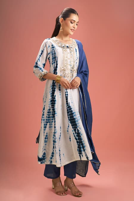 Shop_Samyukta Singhania_White Silk, Shantoon, Gota Patti, Shibori Pattern Kurta Set _Online_at_Aza_Fashions