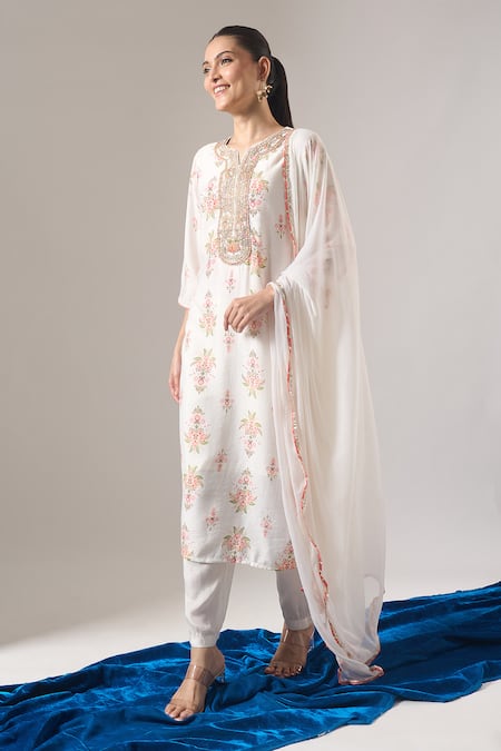Samyukta Singhania_Ivory Chanderi Silk, Shantoon, Chiffon Embroidery, Floral Print Kurta Pant Set _Online_at_Aza_Fashions