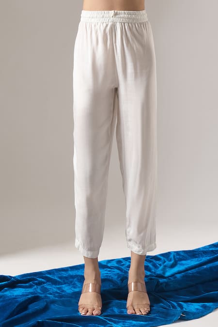 Shop_Samyukta Singhania_Ivory Chanderi Silk, Shantoon, Chiffon Embroidery, Floral Print Kurta Pant Set _Online_at_Aza_Fashions