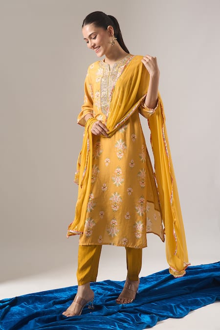 Shop_Samyukta Singhania_Mustard Chanderi Silk, Shantoon, Chiffon Floral Print Dori Work Kurta Set _Online_at_Aza_Fashions