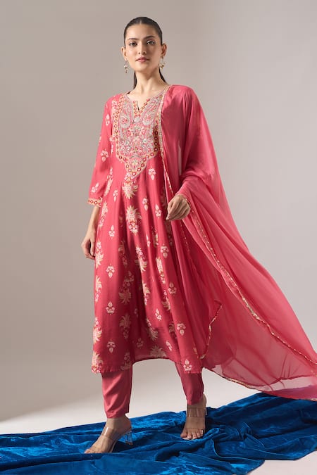Samyukta Singhania Coral Chanderi Silk, Shantoon, Chiffon Mirrors, Embroidery Print Anarkali Set at Aza Fashions Samyukta Singhania_Coral Chanderi Silk, Shantoon, Chiffon Mirrors, Embroidery Print Anarkali Set _at_Aza_Fashions
