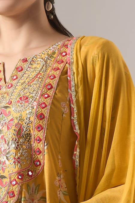 Samyukta Singhania_Mustard Chanderi Silk, Shantoon, Floral Print Anarkali Kurta Set With Dupatta _at_Aza_Fashions