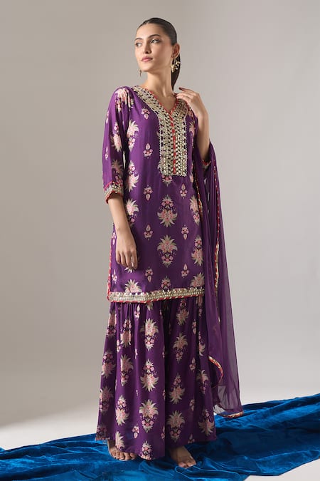 Samyukta Singhania Purple Chanderi Silk, Chiffon Lace, Zari, Floral Print Kurta Sharara Set Online at Aza Fashions Samyukta Singhania_Purple Chanderi Silk, Chiffon Lace, Zari, Floral Print Kurta Sharara Set _Online_at_Aza_Fashions