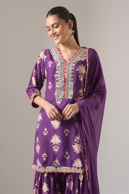 Buy Samyukta Singhania Purple Chanderi Silk, Chiffon Lace, Zari, Floral Print Kurta Sharara Set Online at Aza Fashions Buy_Samyukta Singhania_Purple Chanderi Silk, Chiffon Lace, Zari, Floral Print Kurta Sharara Set _Online_at_Aza_Fashions