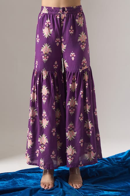 Shop Samyukta Singhania Purple Chanderi Silk, Chiffon Lace, Zari, Floral Print Kurta Sharara Set Online at Aza Fashions Shop_Samyukta Singhania_Purple Chanderi Silk, Chiffon Lace, Zari, Floral Print Kurta Sharara Set _Online_at_Aza_Fashions