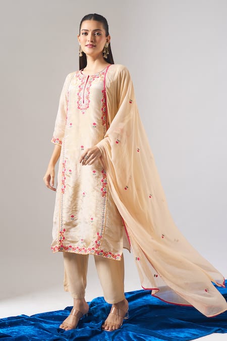 Buy Samyukta Singhania Beige Tissue, Shantoon, Chiffon Embroidery, Mirrors, Zari, Thread And Kurta Set Online at Aza Fashions Buy_Samyukta Singhania_Beige Tissue, Shantoon, Chiffon Embroidery, Mirrors, Zari, Thread And Kurta Set _Online_at_Aza_Fashions