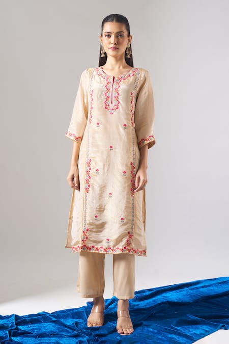 Shop Samyukta Singhania Beige Tissue, Shantoon, Chiffon Embroidery, Mirrors, Zari, Thread And Kurta Set Online at Aza Fashions Shop_Samyukta Singhania_Beige Tissue, Shantoon, Chiffon Embroidery, Mirrors, Zari, Thread And Kurta Set _Online_at_Aza_Fashions