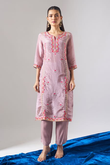 Samyukta Singhania_Purple Tissue, Shantoon, Chiffon Embroidery, Zari, Mirrors, Thread And Kurta Set _Online_at_Aza_Fashions