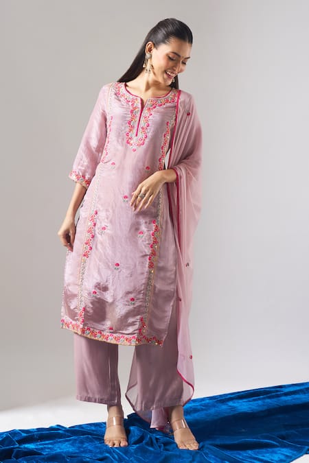 Shop_Samyukta Singhania_Purple Tissue, Shantoon, Chiffon Embroidery, Zari, Mirrors, Thread And Kurta Set _Online_at_Aza_Fashions