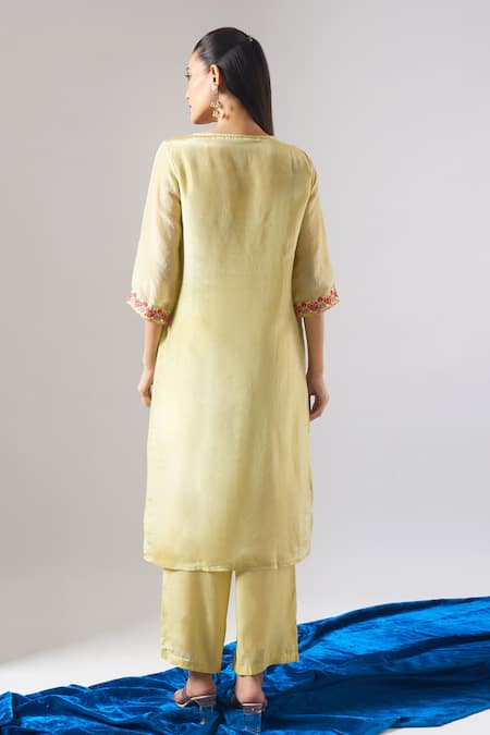 Shop_Samyukta Singhania_Green Tissue, Shantoon, Chiffon Embroidery, Shimmer Thread And Kurta Set _at_Aza_Fashions