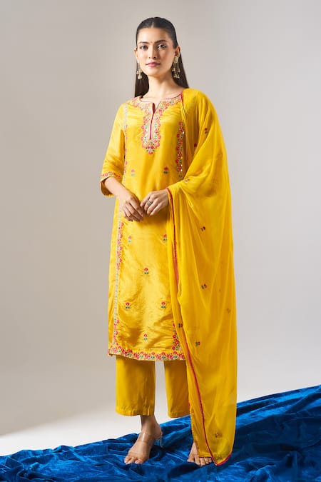 Samyukta Singhania Yellow Tissue, Shantoon, Chiffon Embroidery, Mirrors, Zari, Shimmer Kurta Set