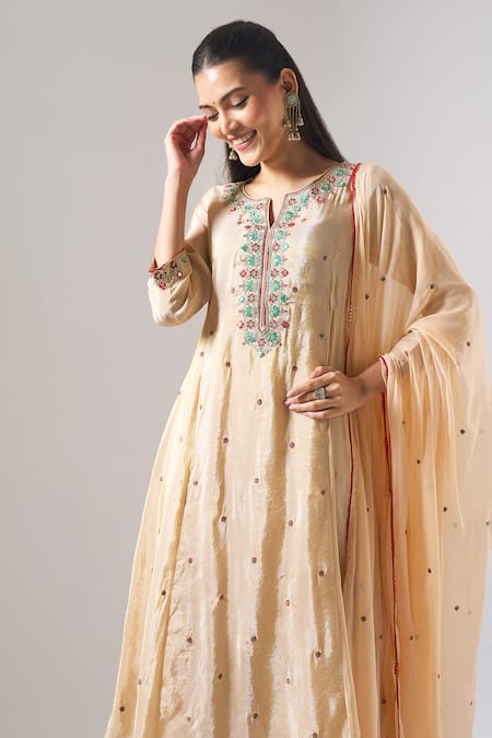 Buy Samyukta Singhania Beige Tissue, Shantoon, Chiffon Embroidery, Zari, Mirrors, Shimmer Kurta Set Online at Aza Fashions Buy_Samyukta Singhania_Beige Tissue, Shantoon, Chiffon Embroidery, Zari, Mirrors, Shimmer Kurta Set _Online_at_Aza_Fashions