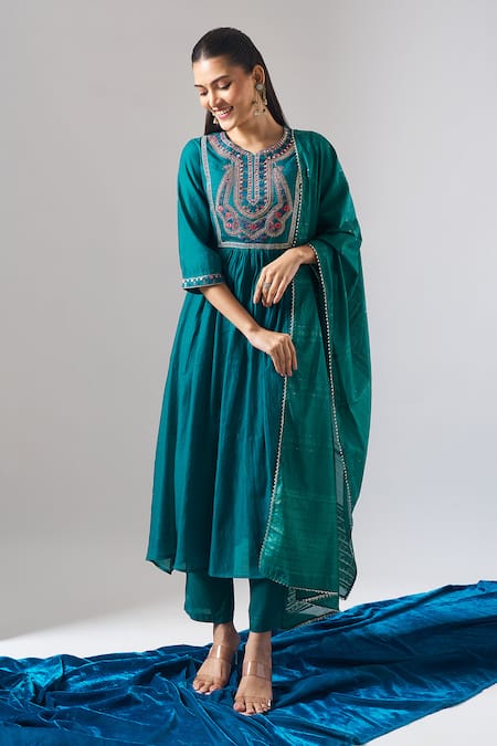 Buy Samyukta Singhania Teal Chanderi, Shantoon Embroidery, Sequins, Mirrors, Lace Round Mul Kurta Set Online at Aza Fashions Buy_Samyukta Singhania_Teal Chanderi, Shantoon Embroidery, Sequins, Mirrors, Lace Round Mul Kurta Set _Online_at_Aza_Fashions