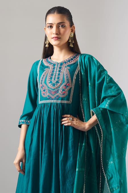 Shop Samyukta Singhania Teal Chanderi, Shantoon Embroidery, Sequins, Mirrors, Lace Round Mul Kurta Set Online at Aza Fashions Shop_Samyukta Singhania_Teal Chanderi, Shantoon Embroidery, Sequins, Mirrors, Lace Round Mul Kurta Set _Online_at_Aza_Fashions