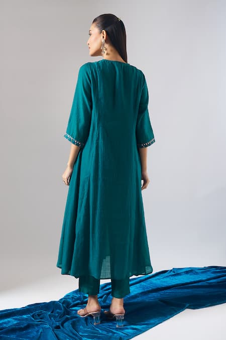 Shop Samyukta Singhania Teal Chanderi, Shantoon Embroidery, Sequins, Mirrors, Lace Round Mul Kurta Set at Aza Fashions Shop_Samyukta Singhania_Teal Chanderi, Shantoon Embroidery, Sequins, Mirrors, Lace Round Mul Kurta Set _at_Aza_Fashions