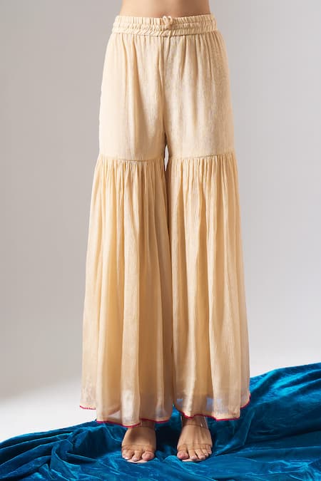 Buy_Samyukta Singhania_Beige Chanderi, Shantoon Embroidery, Sequins, Zari, Lace Round Kurta Sharara Set _Online_at_Aza_Fashions