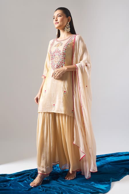 Shop_Samyukta Singhania_Beige Chanderi, Shantoon Embroidery, Sequins, Zari, Lace Round Kurta Sharara Set _Online_at_Aza_Fashions