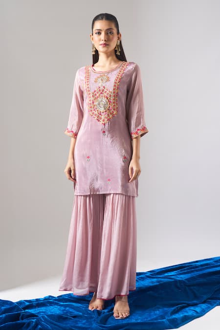Shop Samyukta Singhania Purple Tissue, Chinon, Chiffon Embroidery, Zari, Mirrors Thread And Kurta Set Online at Aza Fashions Shop_Samyukta Singhania_Purple Tissue, Chinon, Chiffon Embroidery, Zari, Mirrors Thread And Kurta Set _Online_at_Aza_Fashions