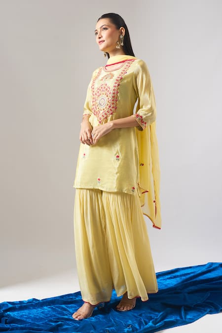 Buy_Samyukta Singhania_Green Tissue, Chinon, Chiffon Embroidery, Shimmer Thread And Sharara Set _Online_at_Aza_Fashions