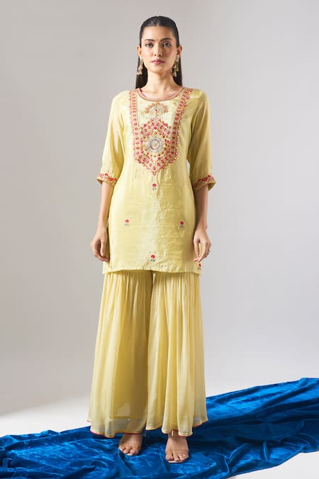 Shop_Samyukta Singhania_Green Tissue, Chinon, Chiffon Embroidery, Shimmer Thread And Sharara Set _Online_at_Aza_Fashions