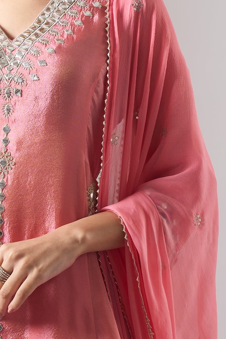 Buy_Samyukta Singhania_Rose Gold Tissue, Shantoon, Chiffon Embroidery, Mirrors, Thread And Kurta Set _Online_at_Aza_Fashions
