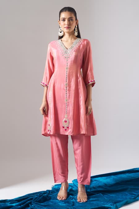 Shop_Samyukta Singhania_Rose Gold Tissue, Shantoon, Chiffon Embroidery, Mirrors, Thread And Kurta Set _Online_at_Aza_Fashions