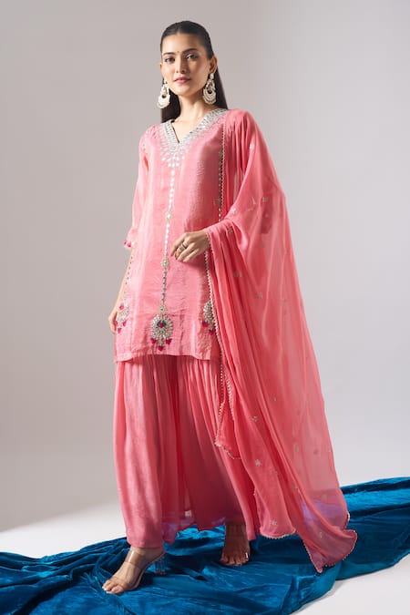 Shop_Samyukta Singhania_Pink Tissue, Shantoon, Chiffon Embroidery, Mirrors, Lace V-neck Kurta Set _Online_at_Aza_Fashions