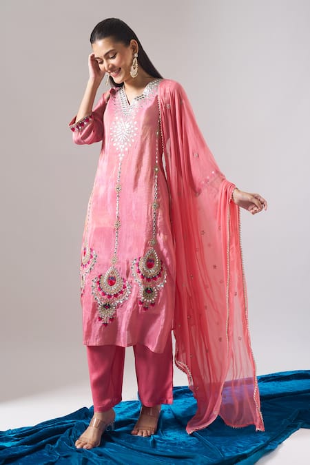 Buy Samyukta Singhania Pink Tissue, Shantoon, Chiffon Embroidery, Mirrors, Lace V-neck Kurta Set Online at Aza Fashions Buy_Samyukta Singhania_Pink Tissue, Shantoon, Chiffon Embroidery, Mirrors, Lace V-neck Kurta Set _Online_at_Aza_Fashions