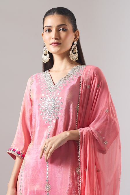 Shop Samyukta Singhania Pink Tissue, Shantoon, Chiffon Embroidery, Mirrors, Lace V-neck Kurta Set Online at Aza Fashions Shop_Samyukta Singhania_Pink Tissue, Shantoon, Chiffon Embroidery, Mirrors, Lace V-neck Kurta Set _Online_at_Aza_Fashions